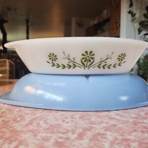 Pyrex delphite and glasbake green flower divided dishes